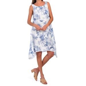 New Valentina Naldi Made In Italy Linen Floral Print Sharkbite Hem Midi Dress